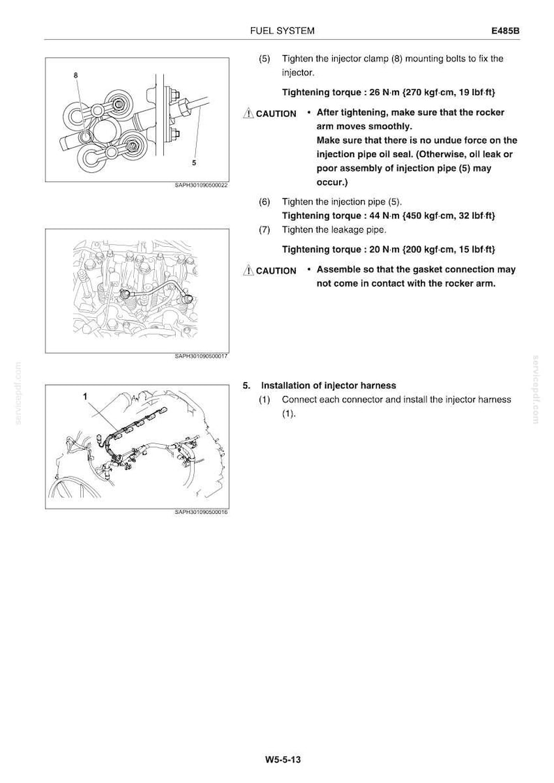 May include: A technical manual page titled FUEL SYSTEM E485B containing diagrams and instructions for tightening injector clamps, injection pipes, and leakage pipes with specified torque values in N&middot;m, kgf&middot;cm, and lbf&middot;ft, plus injector harness installation.