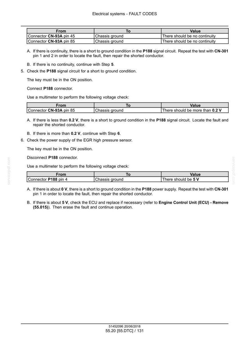 May include: Diagram of electrical system fault codes, including connector pin details and voltage checks. Text includes instructions for troubleshooting and repair, with references to specific components and procedures.