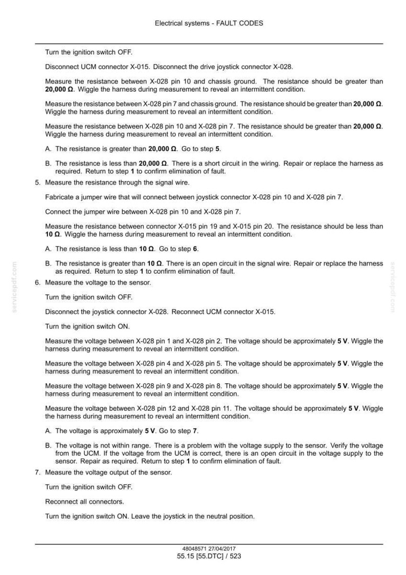 May include: A document titled "Electrical systems - FAULT CODES" with troubleshooting steps for an electrical system. Instructions include measuring resistance and voltage, with diagrams and connector references. The document is dated April 27, 2017.