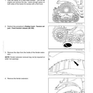May include: Diagrams illustrating the removal of a rubber track from a tractor. The images show steps including parking the tractor, releasing tension, removing clips, and removing the fender extension. Text includes instructions and model information.