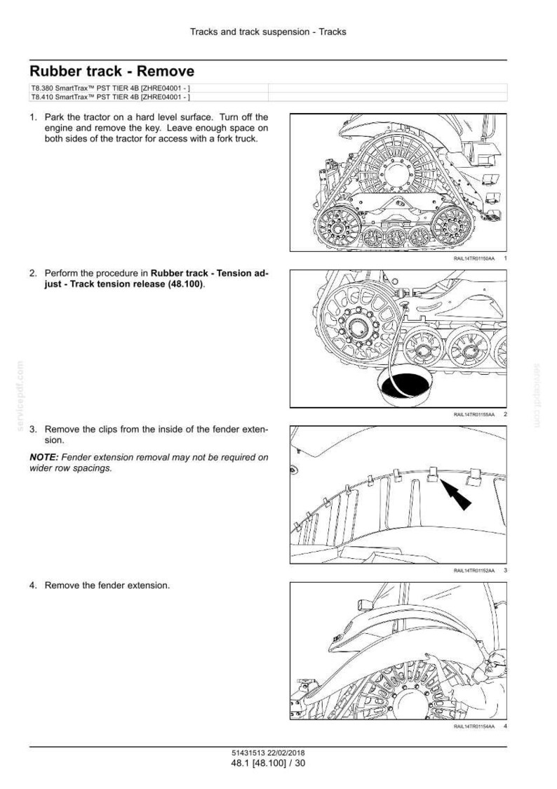 May include: Diagrams illustrating the removal of a rubber track from a tractor. The images show steps including parking the tractor, releasing tension, removing clips, and removing the fender extension. Text includes instructions and model information.