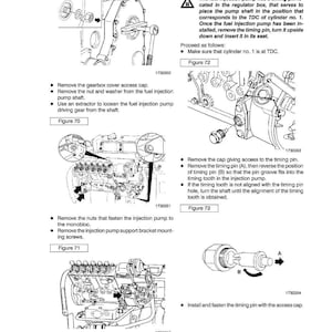May include: Page from a technical manual detailing engine repair procedures. The page includes diagrams and instructions for fuel injection pump maintenance, with labeled components and steps for removal and installation.