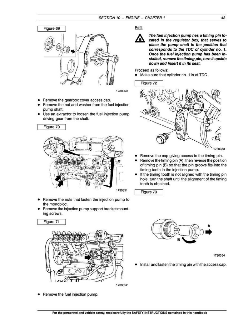 May include: Page from a technical manual detailing engine repair procedures. The page includes diagrams and instructions for fuel injection pump maintenance, with labeled components and steps for removal and installation.