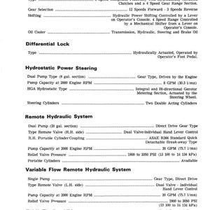 K&ouml;nnte beinhalten: Eine detaillierte technische Zeichnung mit Text, der die Kraftschaltgetriebe, die Differentialsperre, die hydrostatische Servolenkung und die Fernhydrauliksysteme beschreibt. Enth&auml;lt Messungen in Gallonen und PSI.