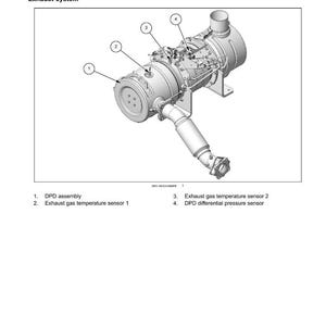 May include: Diagram of a Selective Catalytic Reduction (SCR) exhaust treatment system. The image shows the exhaust system components, including the DPD assembly, exhaust gas temperature sensors, and DPD differential pressure sensor.