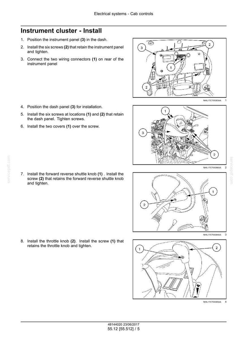 May include: Diagram of instrument cluster installation steps, including positioning the panel, installing screws, and connecting wiring. The image shows detailed illustrations with numbered components and text instructions for each step.