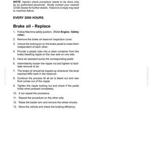 May include: A page from a maintenance manual detailing procedures for checking the fuel injector and replacing brake oil. Includes numbered steps and safety instructions for vehicle maintenance.