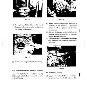 Pode incluir: Uma p&aacute;gina de manual t&eacute;cnico intitulada Assembly and Installation of Planetary Hub e Installation of Spider and Pinion Assembly. Apresenta quatro diagramas em preto e branco rotulados como Fig. 9-16 a 9-19, com pe&ccedil;as numeradas e instru&ccedil;&otilde;es.
