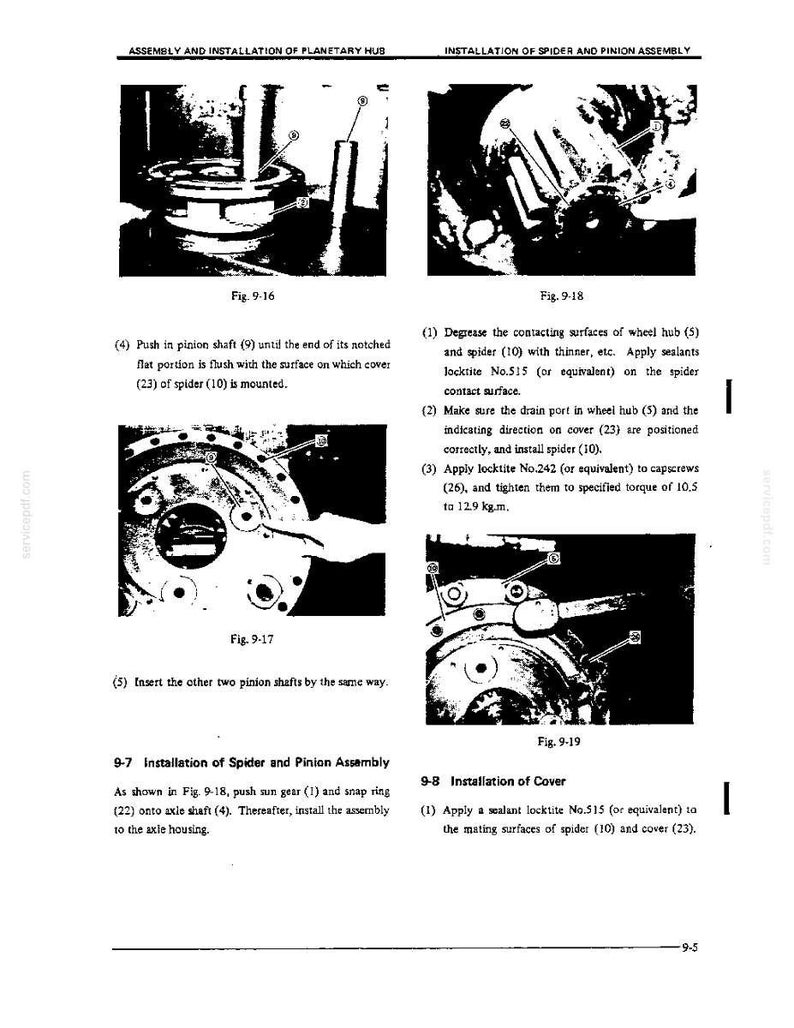 Pode incluir: Uma p&aacute;gina de manual t&eacute;cnico intitulada Assembly and Installation of Planetary Hub e Installation of Spider and Pinion Assembly. Apresenta quatro diagramas em preto e branco rotulados como Fig. 9-16 a 9-19, com pe&ccedil;as numeradas e instru&ccedil;&otilde;es.