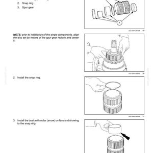 May include: Diagram of transmission components, including a ball bearing, snap ring, and spur gear. Instructions detail preassembly and installation steps, with text and illustrations. The document is labeled "Transmission - Powershift transmission internal components."