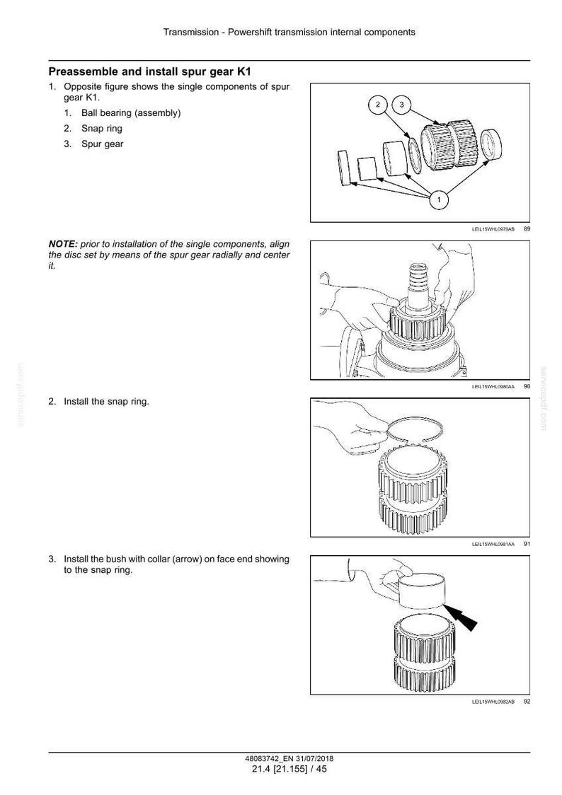 May include: Diagram of transmission components, including a ball bearing, snap ring, and spur gear. Instructions detail preassembly and installation steps, with text and illustrations. The document is labeled "Transmission - Powershift transmission internal components."