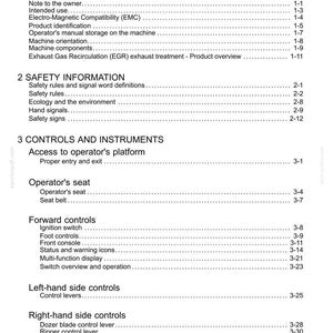 Peut inclure: Une page de manuel intitul&eacute;e &laquo; Sommaire &raquo; avec des sections sur les informations g&eacute;n&eacute;rales et de s&eacute;curit&eacute;, les commandes et les instruments. Le document comprend des sujets tels que le stockage du manuel de l'op&eacute;rateur et les r&egrave;gles de s&eacute;curit&eacute;.