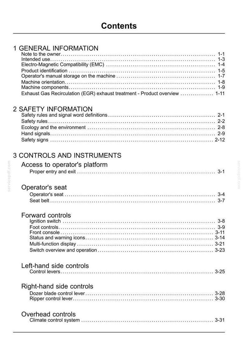 Peut inclure: Une page de manuel intitul&eacute;e &laquo; Sommaire &raquo; avec des sections sur les informations g&eacute;n&eacute;rales et de s&eacute;curit&eacute;, les commandes et les instruments. Le document comprend des sujets tels que le stockage du manuel de l'op&eacute;rateur et les r&egrave;gles de s&eacute;curit&eacute;.