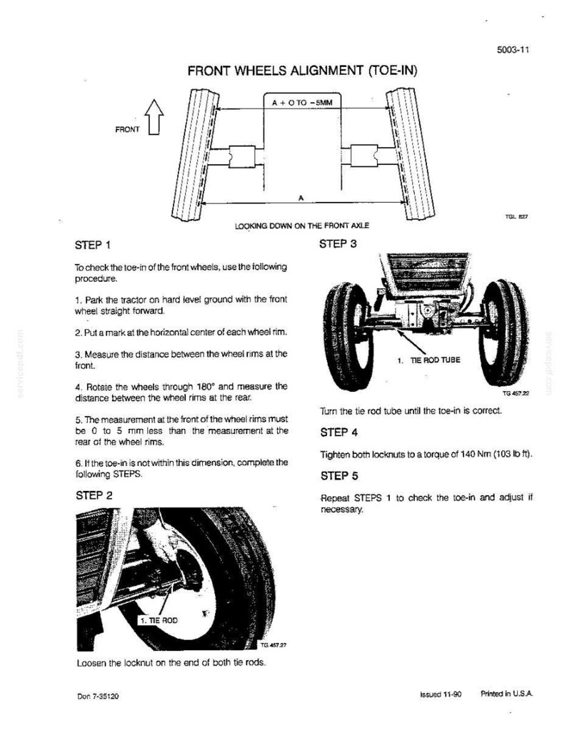 May include: Diagram showing front wheel alignment (toe-in) for a tractor. Includes steps for checking and adjusting the toe-in, with measurements in millimetres and torque in Newton metres. Features diagrams of wheels and tie rods.