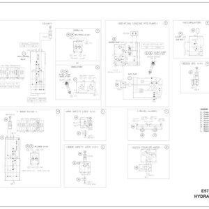 May include: A detailed black and white schematic diagram of an E57C excavator's hydraulic system. The diagram includes various components and their connections, with labels and annotations. The bottom right corner displays the title "E57C EXCAVATOR HYDRAULIC SCHEMATIC".