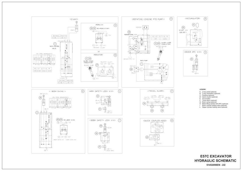 May include: A detailed black and white schematic diagram of an E57C excavator's hydraulic system. The diagram includes various components and their connections, with labels and annotations. The bottom right corner displays the title "E57C EXCAVATOR HYDRAULIC SCHEMATIC".
