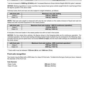 May include: A technical document page titled 6-WORKING OPERATIONS detailing maximum permissible vehicle weights and axle loads for Class 3 and 3.5 heavy duty axles, including tables for gross vehicle weight, axle loading, and front hub diameter measurements.