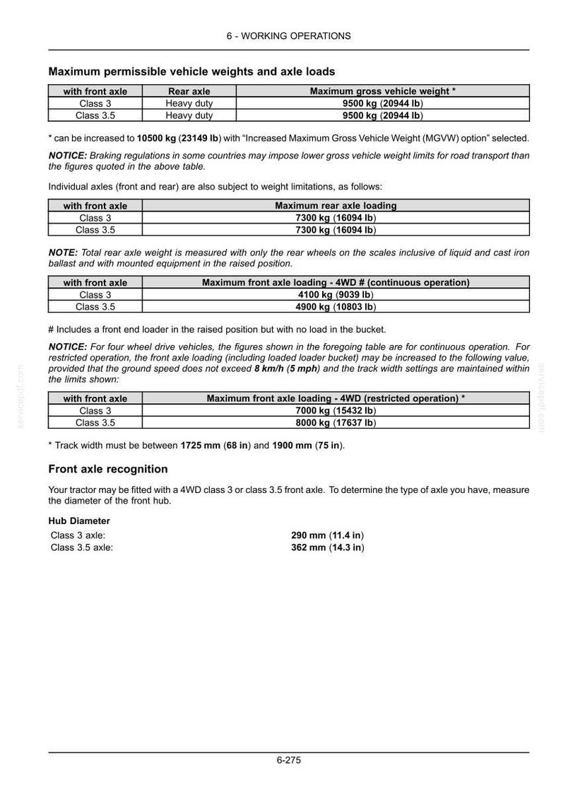 May include: A technical document page titled 6-WORKING OPERATIONS detailing maximum permissible vehicle weights and axle loads for Class 3 and 3.5 heavy duty axles, including tables for gross vehicle weight, axle loading, and front hub diameter measurements.