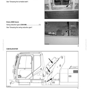 May include: Diagram from a service manual showing lubrication points on heavy machinery. Includes close-ups of components with arrows indicating grease points. Text indicates service intervals for turntable teeth, swing reduction gear, and cab elevator.