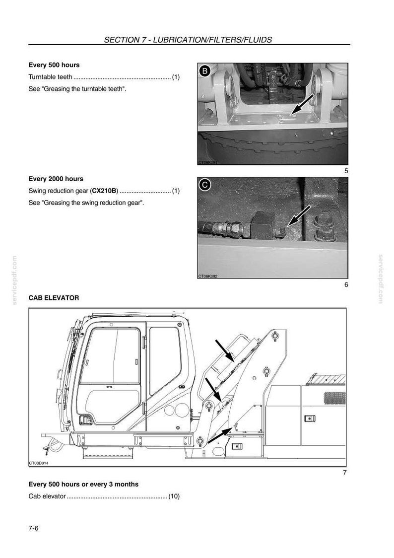 May include: Diagram from a service manual showing lubrication points on heavy machinery. Includes close-ups of components with arrows indicating grease points. Text indicates service intervals for turntable teeth, swing reduction gear, and cab elevator.
