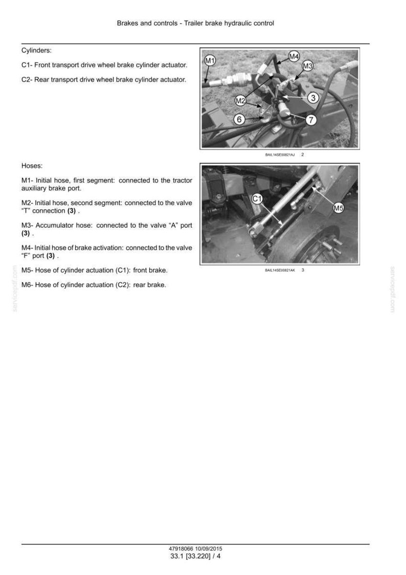 May include: Diagram of a trailer brake hydraulic control system. The image shows various components, including cylinders, hoses, and connections, labeled with identifiers like M1, M2, and C1. The diagram is for reference and technical documentation.