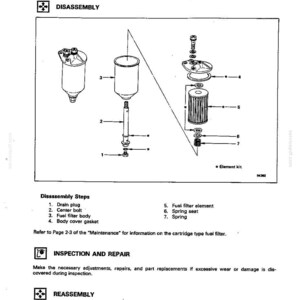 May include: A technical diagram titled FUEL SYSTEM 8-3 FUEL FILTER showing the disassembly of a fuel filter. The illustration displays numbered components including a drain plug, center bolt, fuel filter body, gasket, element, seat, and spring.