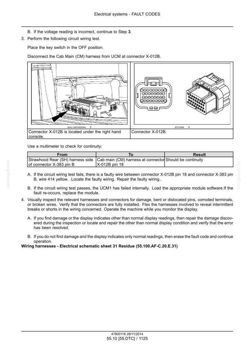 May include: Diagram of electrical system fault codes, including wiring tests and connector details. Includes a table for continuity checks and instructions for troubleshooting. Text includes "Electrical systems - FAULT CODES" and "Wiring harnesses".