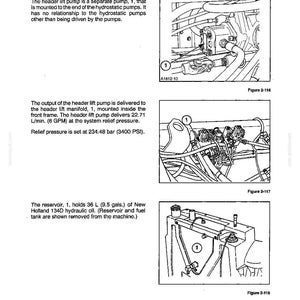 Pu&ograve; includere: Una pagina di manuale tecnico intitolata SECTION 2 - HYDRAULIC SYSTEMS HEADER LIFT. Presenta tre disegni al tratto in bianco e nero etichettati Figure 2-116, 2-117 e 2-118, che mostrano una pompa di sollevamento, collettore e un serbatoio da 36 L.