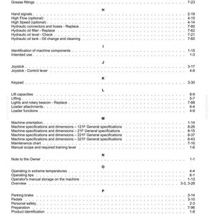 May include: A page from an operator's manual, featuring a detailed table of contents. The text is black on a white background, with various headings and subheadings. Topics include machine specifications, maintenance, and safety procedures.