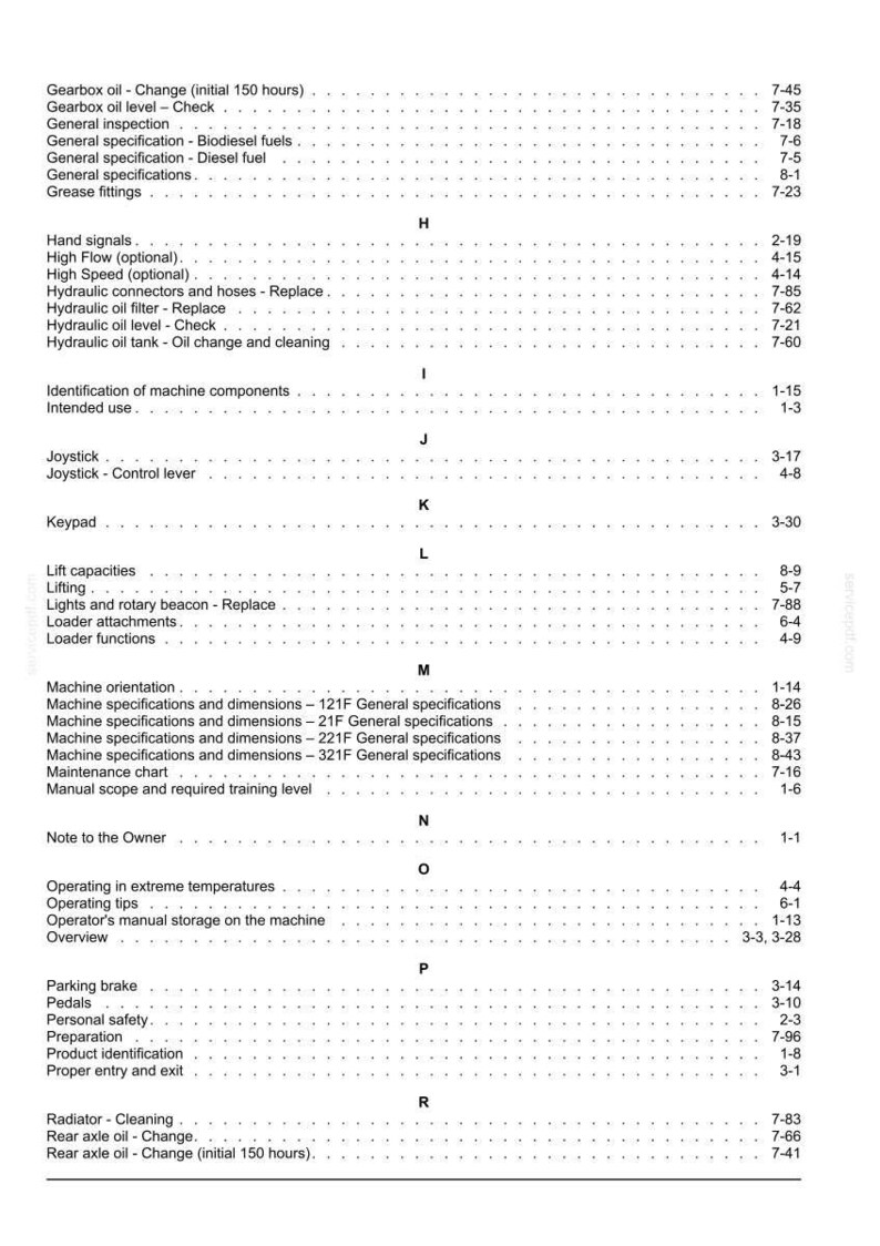 May include: A page from an operator's manual, featuring a detailed table of contents. The text is black on a white background, with various headings and subheadings. Topics include machine specifications, maintenance, and safety procedures.