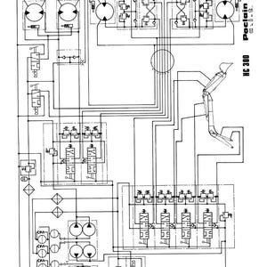 May include: A detailed technical diagram in black and white, featuring complex schematics of hydraulic systems. The diagram includes various symbols, lines, and components, with the text "Poclain HC 300 C.i.t." visible.