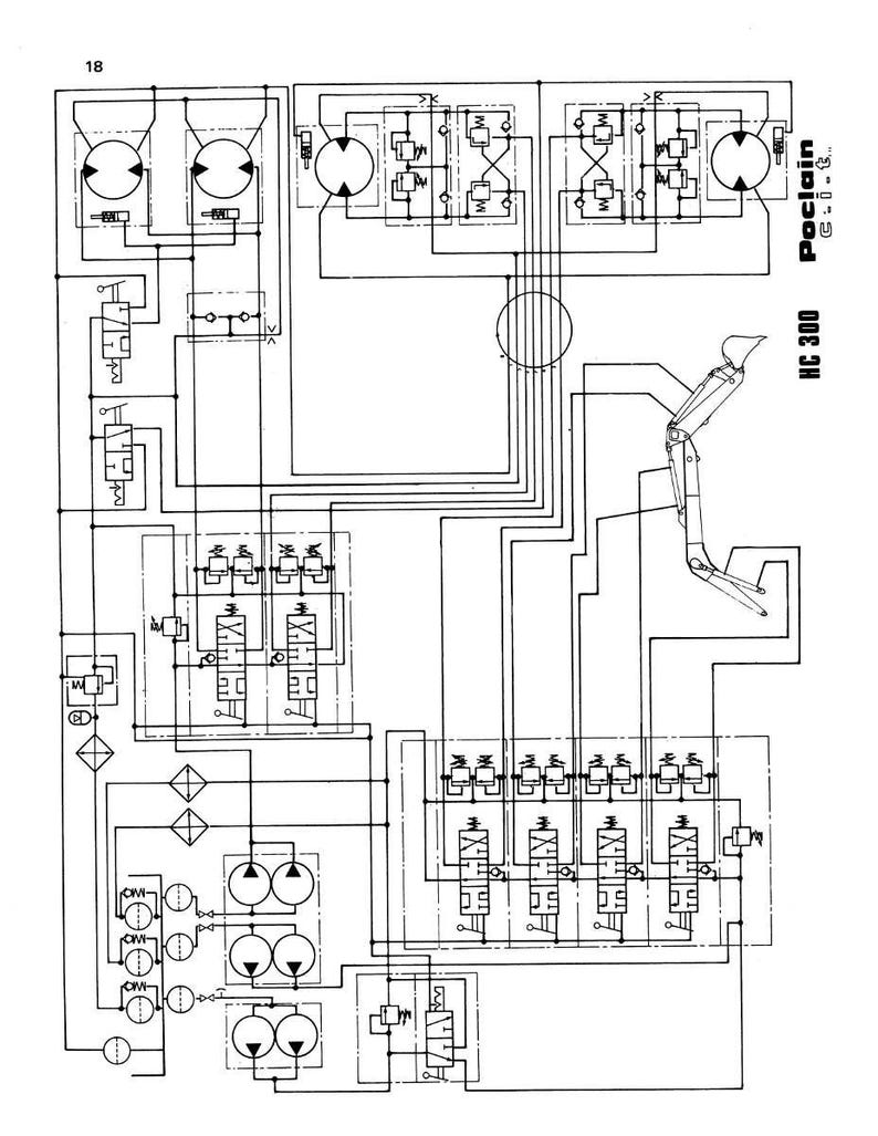May include: A detailed technical diagram in black and white, featuring complex schematics of hydraulic systems. The diagram includes various symbols, lines, and components, with the text "Poclain HC 300 C.i.t." visible.