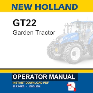 Op de afbeelding: Een digitaal documentomslag voor de gebruikershandleiding van de New Holland GT22 tuintractor. Het ontwerp bevat een afbeelding van een blauwe tractor, de tekst NEW HOLLAND GT22 Garden Tractor en een voettekst OPERATOR MANUAL met een PDF-pictogram.