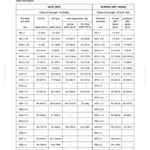 May include: A table of tightening torques for nuts and screws, with diameter and pitch measurements in millimeters. Includes normal and low-type torque values in daNm and lb.ft. for various classes of strength.