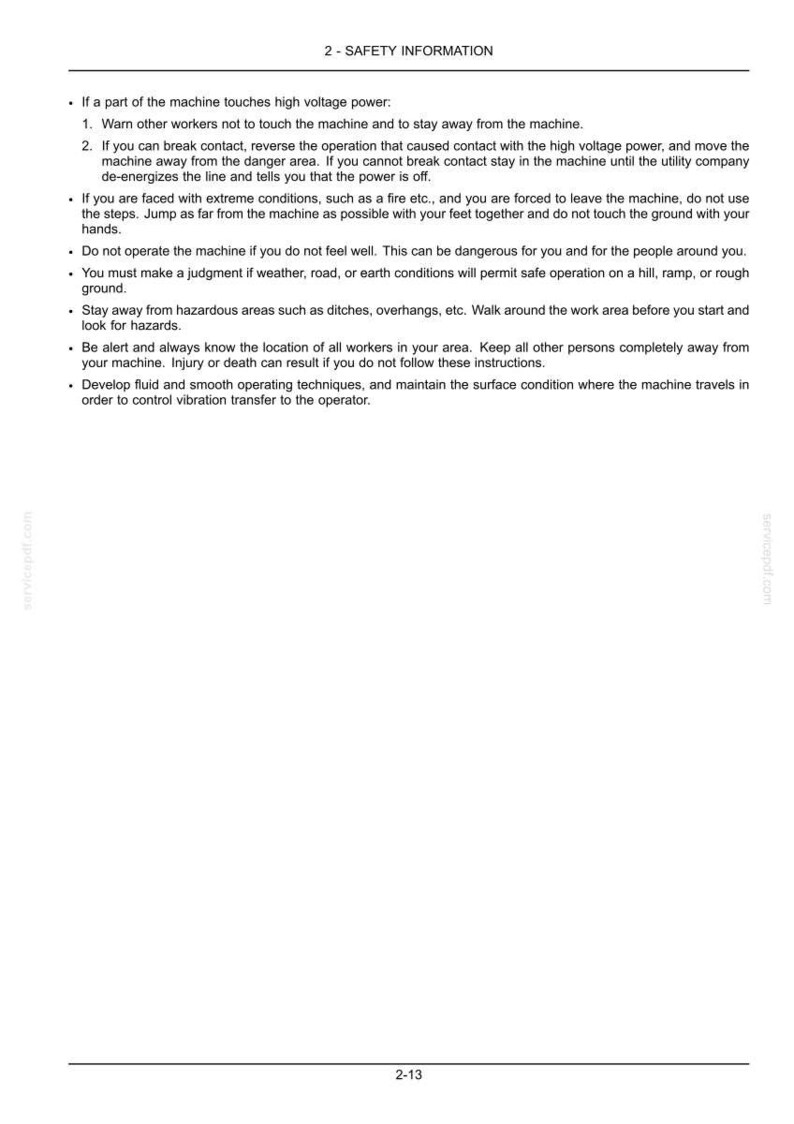 May include: A white document with black text detailing safety information. The text includes warnings about high voltage power, extreme conditions, and hazardous areas. The document also advises on operating procedures and worker safety. The page number is 2-13.