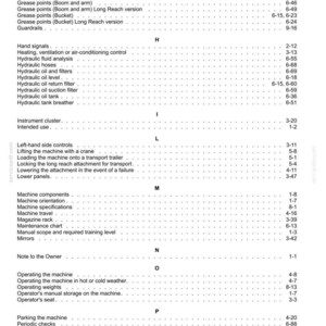 May include: A detailed table of contents from a manual, featuring a list of machine components, hydraulic systems, and safety procedures. The text is in black against a white background, with page numbers.