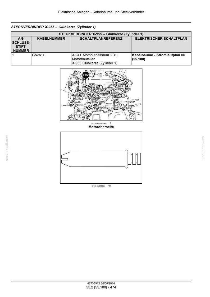 May include: A technical document page titled Elektrische Anlagen - Kabelb&auml;ume und Steckverbinder, featuring a table for Steckverbinder X-955 - Gl&uuml;hkerze (Zylinder 1), a line drawing of an engine, and a schematic diagram of a cylindrical connector.