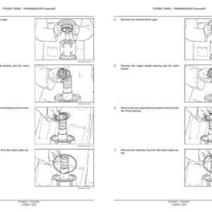 May include: A technical manual page titled POWER TRAIN - TRANSMISSION Powershift, featuring black and white line drawings illustrating steps 4 through 7 for removing a reverse driven gear, caged needle bearing, nylon spacer, thrust washers, and a retaining ring.