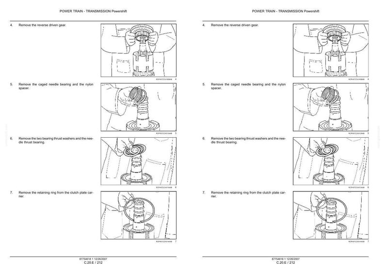 May include: A technical manual page titled POWER TRAIN - TRANSMISSION Powershift, featuring black and white line drawings illustrating steps 4 through 7 for removing a reverse driven gear, caged needle bearing, nylon spacer, thrust washers, and a retaining ring.