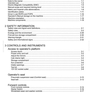May include: A detailed table of contents from a manual, with sections on general information, safety, and controls. The text is black on a white background, with page numbers on the right.