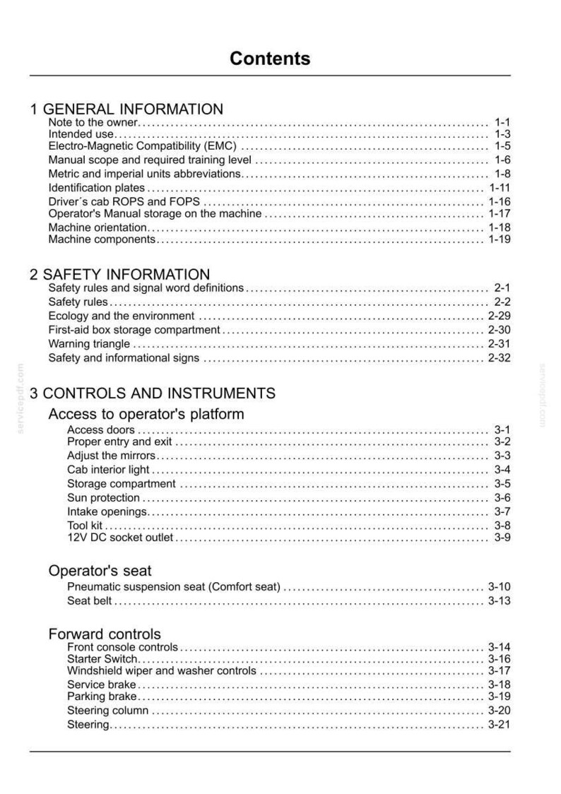 May include: A detailed table of contents from a manual, with sections on general information, safety, and controls. The text is black on a white background, with page numbers on the right.