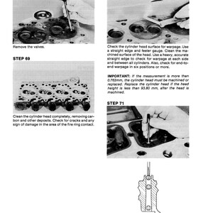 May include: A technical diagram with instructions for engine cylinder head maintenance. The image shows steps for removing valves, checking for warpage, cleaning the head, and checking valve guides. Text includes measurements in millimeters.