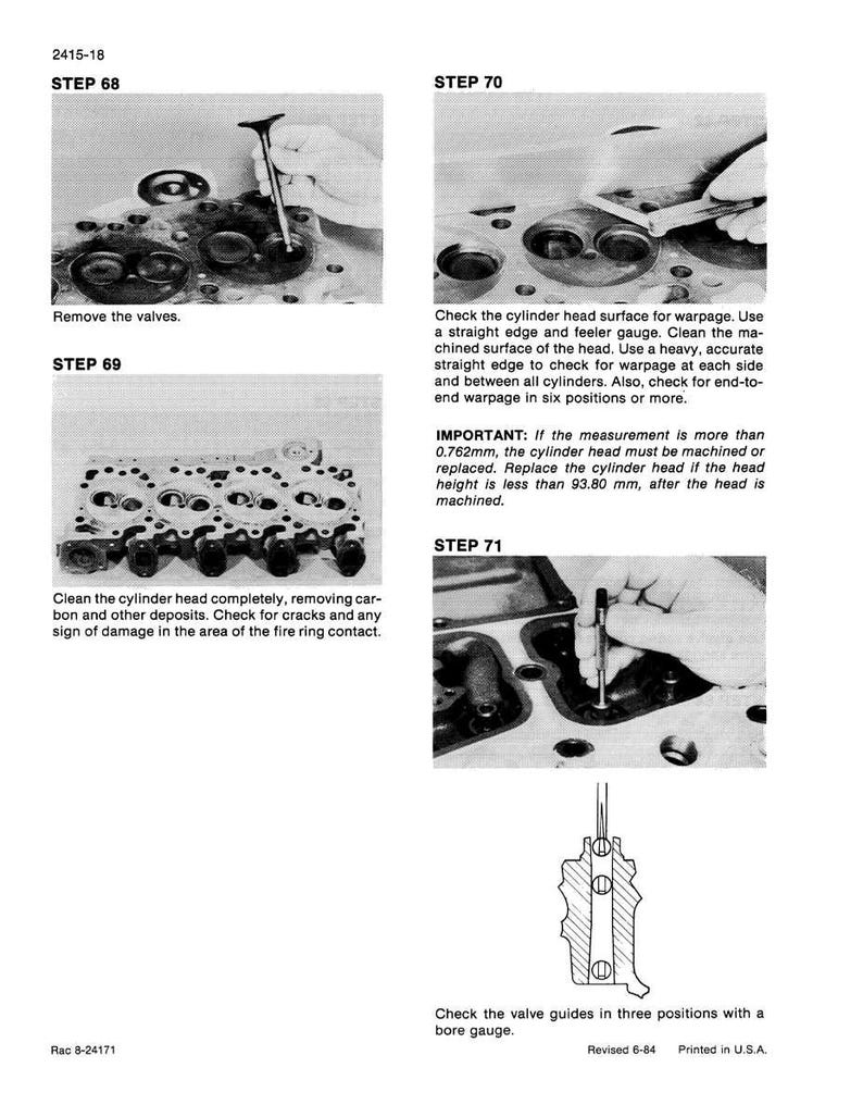 May include: A technical diagram with instructions for engine cylinder head maintenance. The image shows steps for removing valves, checking for warpage, cleaning the head, and checking valve guides. Text includes measurements in millimeters.