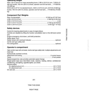 May include: A detailed specifications sheet for a piece of heavy machinery, including operating weight, component part weights, safety devices, and operator's compartment details. Measurements are provided in both imperial and metric units.