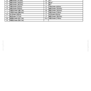 May include: Diagram of a front axle system with measurements in both millimetres and inches. The table shows designations and positions, including angles and lengths such as 1305.0 mm (51.4 in) and 192.0 mm (7.6 in).