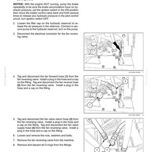 May include: Diagram of a cooling fan reversing valve removal procedure. The image shows numbered steps with detailed instructions and illustrations of the hydraulic system components, including hoses, fittings, and valves. Text includes safety notices and part numbers.