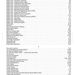 May include: A black and white printed index page from a technical manual, listing various safety rules and tractor maintenance topics alphabetically from Safety rules to Transmission oil level, with corresponding page numbers on the right side.