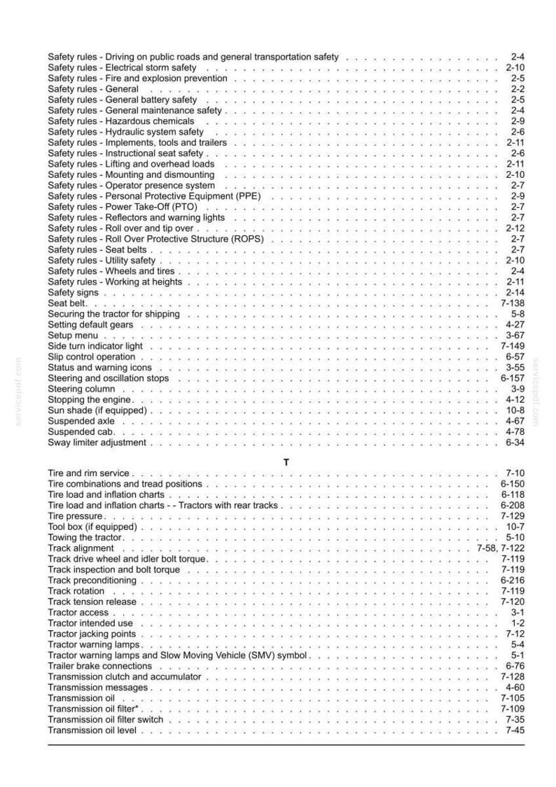 May include: A black and white printed index page from a technical manual, listing various safety rules and tractor maintenance topics alphabetically from Safety rules to Transmission oil level, with corresponding page numbers on the right side.