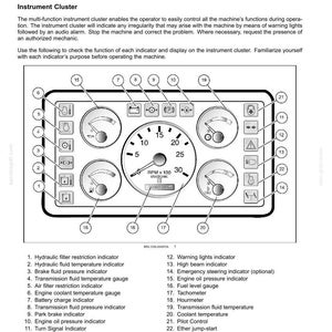 May include: Instrument panel diagram with gauges and indicators. Includes a tachometer, fuel level gauge, and warning lights. The panel is labeled with various functions, such as engine oil pressure and coolant temperature.