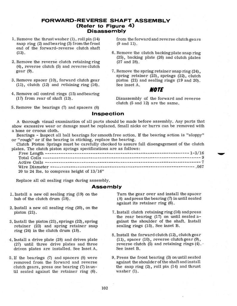 May include: Diagram of a forward-reverse shaft assembly with disassembly and assembly instructions. Includes a list of parts, specifications, and detailed steps for maintenance and repair.